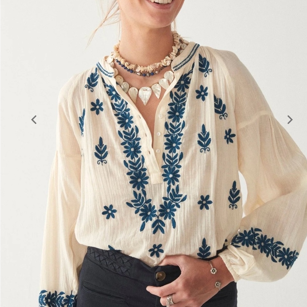 Boho Chic Embroidered Blouse in Cream and Blue